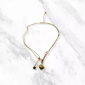Collier Alba doré en acier inoxydable avec pendentifs étoiles et cœurs
