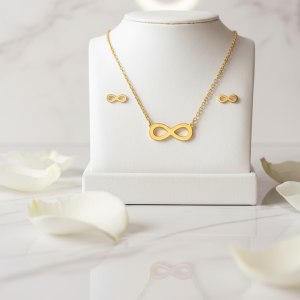 Parure 2 pièces "Infini" - Parure dorée en acier inoxydable avec chaîne et boucles d'oreilles ornées du symbole de l'infini.